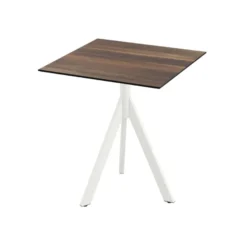 Feros Infinity Tripod Terrassentisch Weiß frame + Tropical Wood HPL 70x70 cm