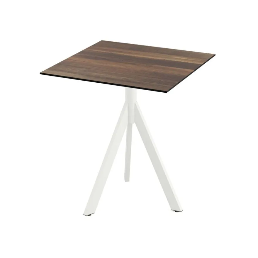 Feros Infinity Tripod Terrassentisch Weiß frame + Tropical Wood HPL 70x70 cm
