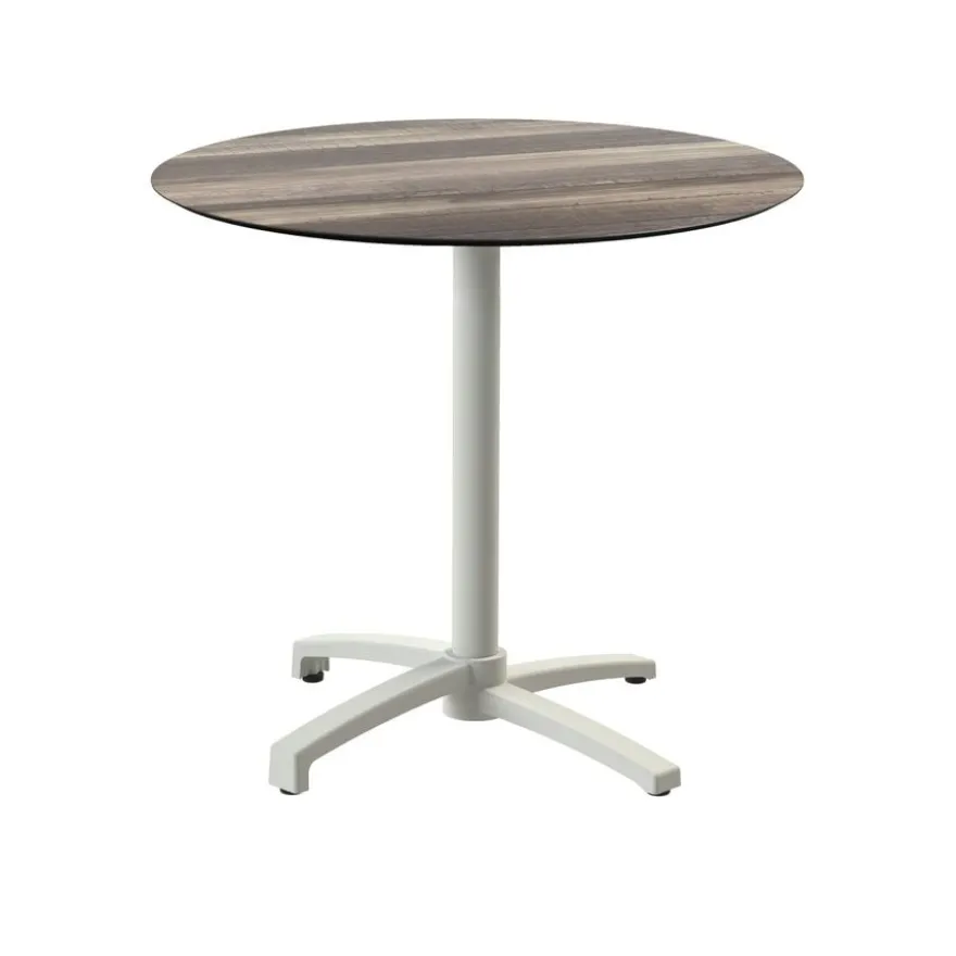 Feros X Cross Terrassentisch Sand gestell + Tropical Wood HPL Ø70 cm