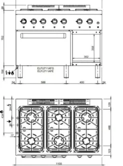 Gasherd Ecoline Plus 700- 6 Flammen mit Elektroumluftbackofen 31,1 kW inklusive Gussrosten