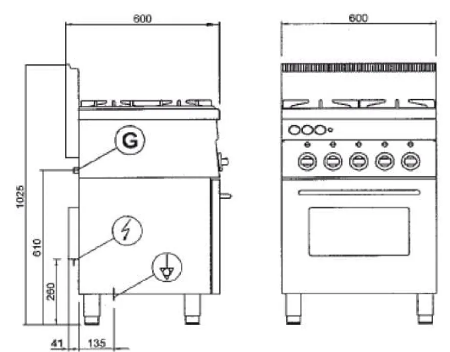 Gasherd Serie 600 - 60/60 mit Elektrobackofen,Umluft und Elektrogrill