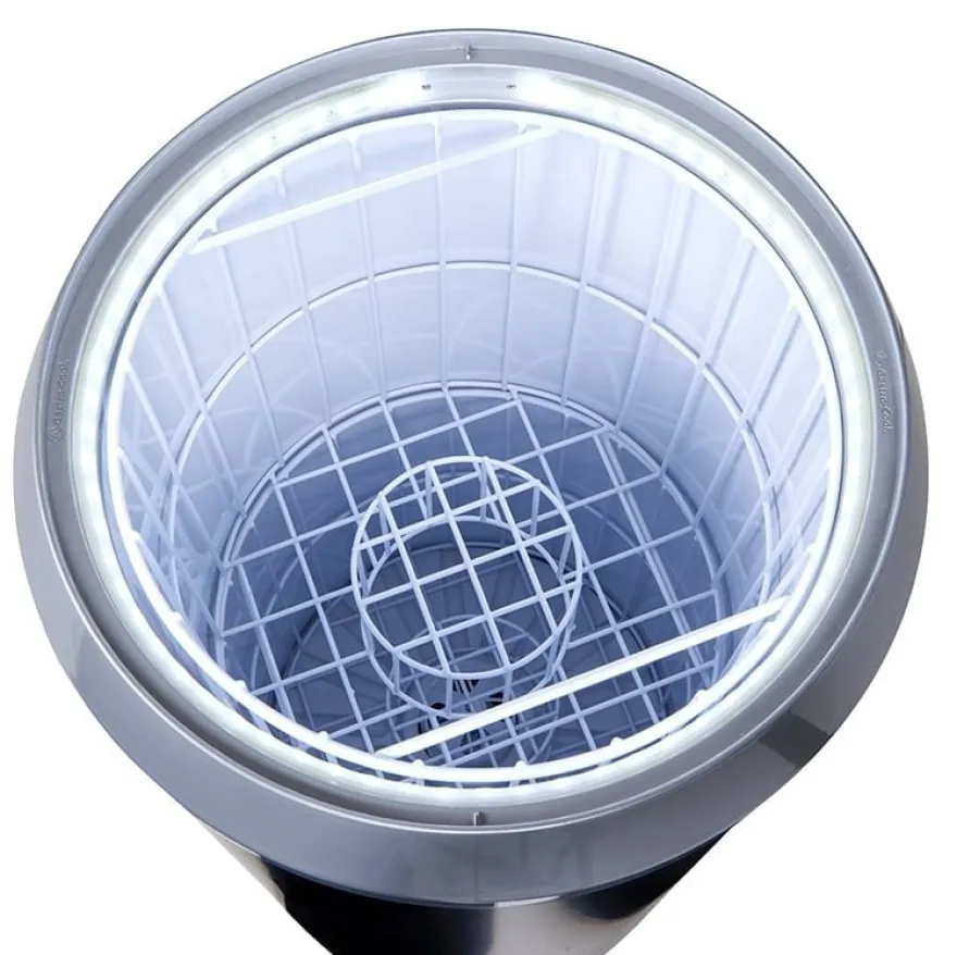 Gastro-Cool PT75 Party-Cooler / Kühltonne 73 Liter mit Glasdeckel & Schmuckrahmen Silber + LED, auf Rollen