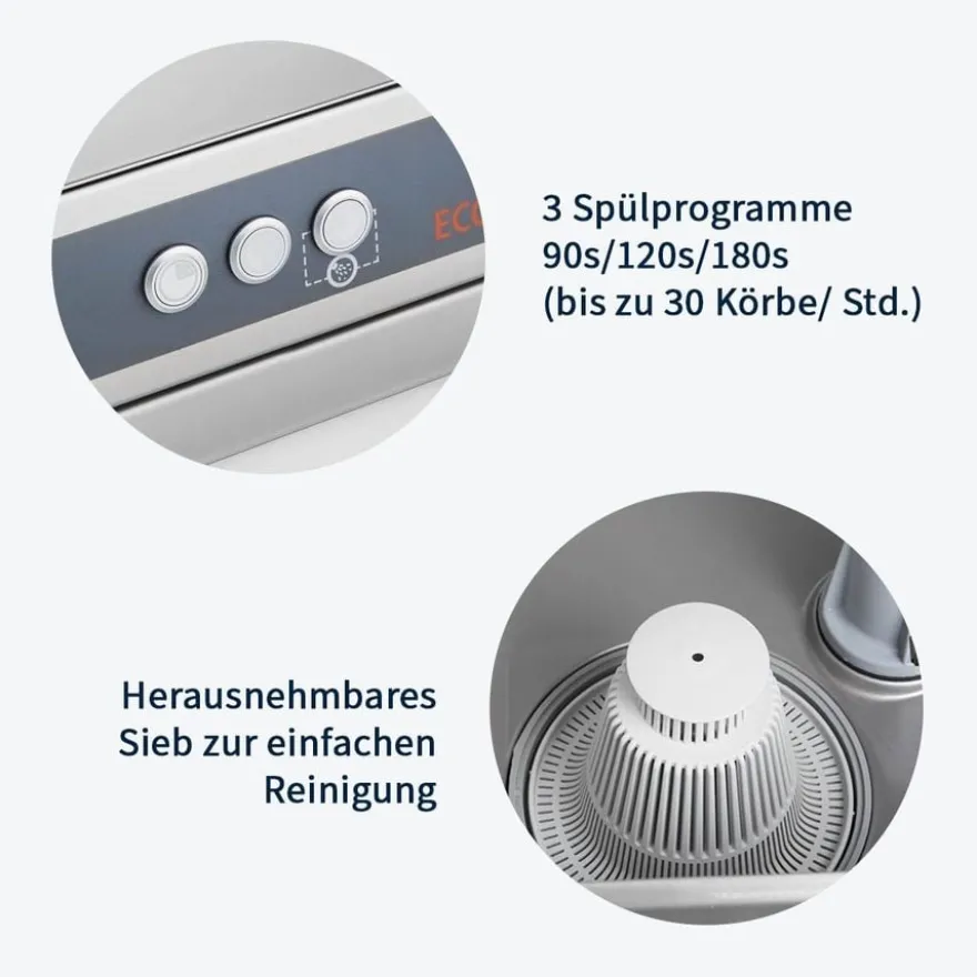 Gläserspülmaschine ECO 40x40 cm Korbmaß, mit Reiniger- & Klarspüldosierer, mit Ablaufpumpe & Enthärter, Made in Europe, 230 Volt