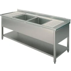 Mastro Spültisch, 2 Becken, 2 Tropftassen, auf Beinen, mit Grundboden, 2000x700 mm