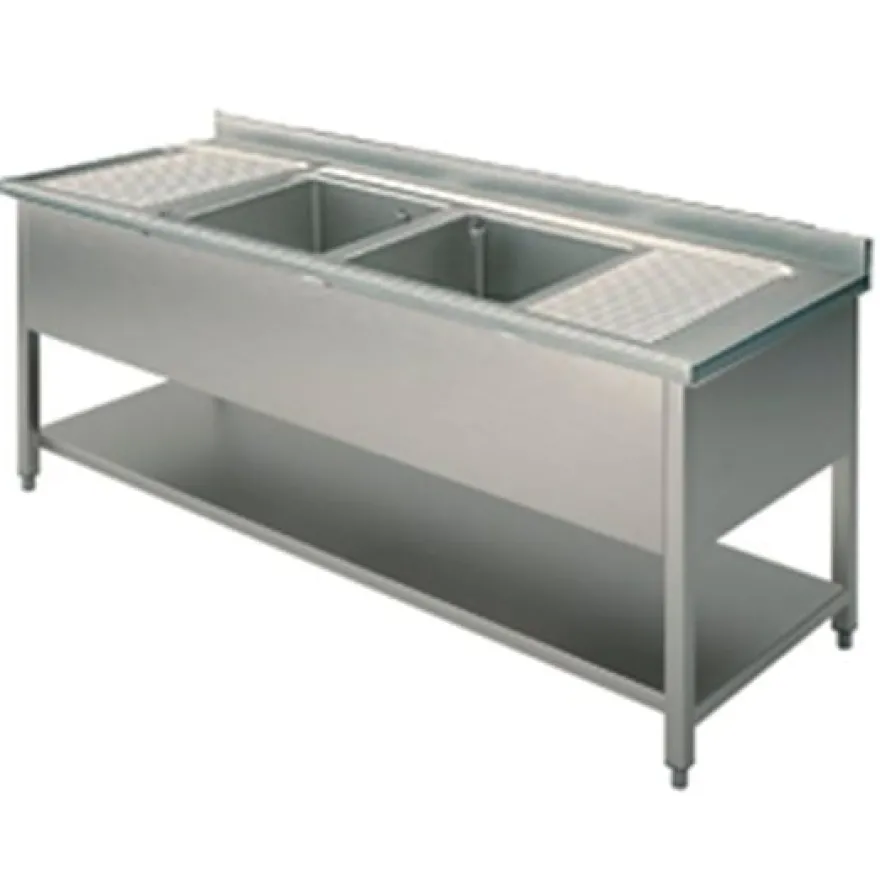 Mastro Spültisch, 2 Becken, 2 Tropftassen, auf Beinen, mit Grundboden, 2000x700 mm