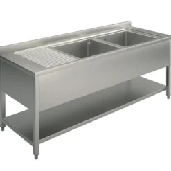 Mastro Spültisch, 2 Becken, Tropftasse links, auf Beinen, mit Grundboden, 1600x700 mm