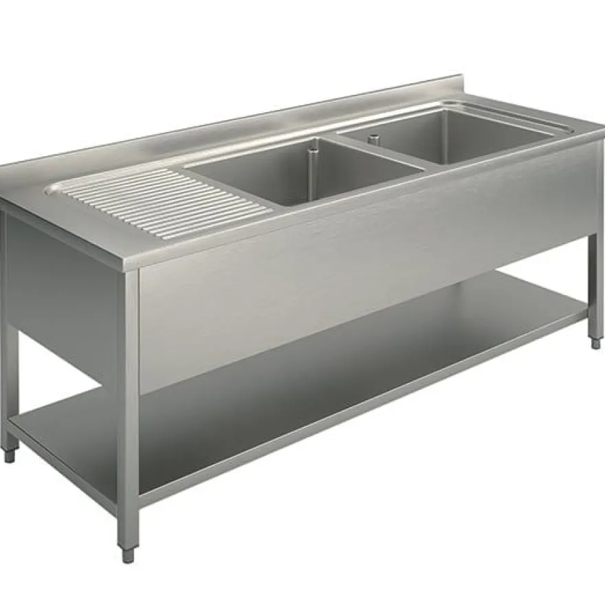 Mastro Spültisch, 2 Becken, Tropftasse links, auf Beinen, mit Grundboden, 1600x700 mm