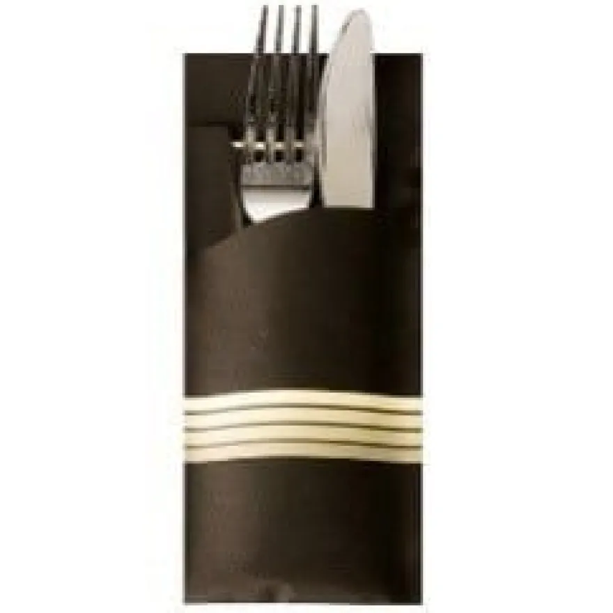 Papstar Bestecktasche Stripes - schwarz/creme inkl. farbiger Serviette