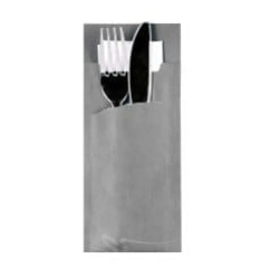 Papstar Bestecktasche Stripes - grau inkl. weißer Serviette