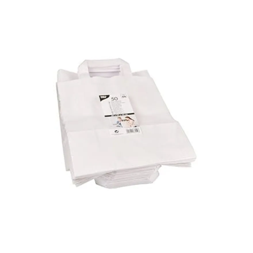 Papstar 50 Tragetaschen, Papier 28 cm x 22 cm x 10 cm weiss mit Tragegriff