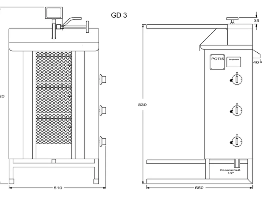 Potis Dönergrill / Gyrosgrill Erdgas GD3 - achteckige Fettwanne