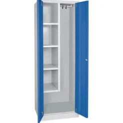 Putzmittelschrank mit Sockel, BxTxH 600x500x1800 mm, Korpus lichtgrau, Türen blau