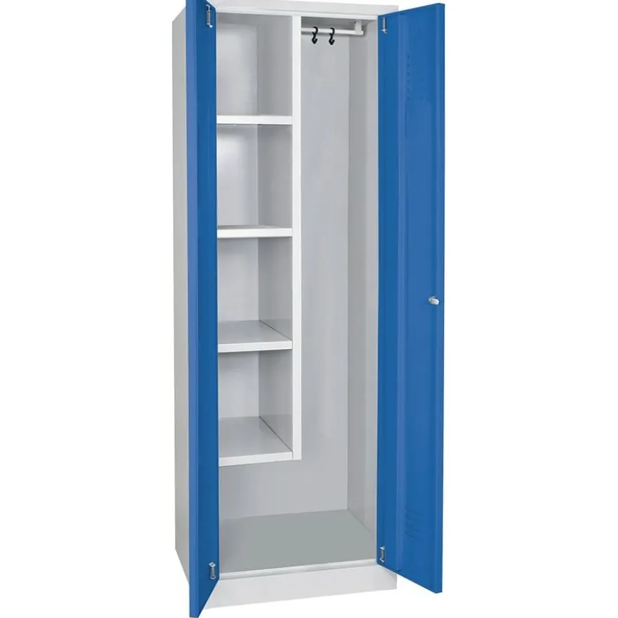 Putzmittelschrank mit Sockel, BxTxH 600x500x1800 mm, Korpus lichtgrau, Türen blau