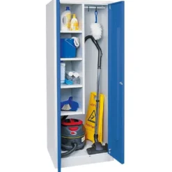 Putzmittelschrank mit Sockel, BxTxH 600x500x1800 mm, Korpus lichtgrau, Türen blau