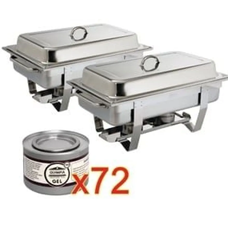 2x Olympia Chafing Dish 1/1 GN, Edelstahl, "Milan" mit 72 Brennpasten